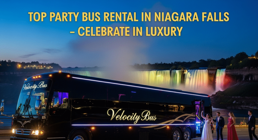Luxury party bus rental in Niagara Falls by Velocity Bus with guests celebrating in comfort and style.