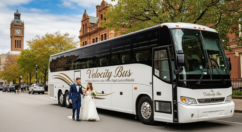 Luxury wedding charter bus in London Ontario by Velocity Bus for stylish and comfortable guest transportation.