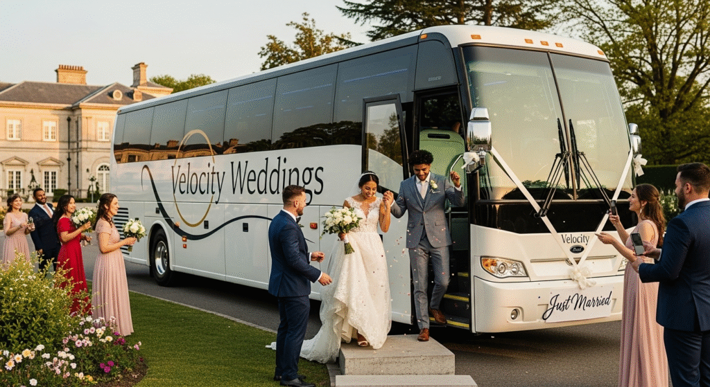 Luxury wedding charter bus in London Ontario by Velocity Bus for stylish and comfortable guest transportation.