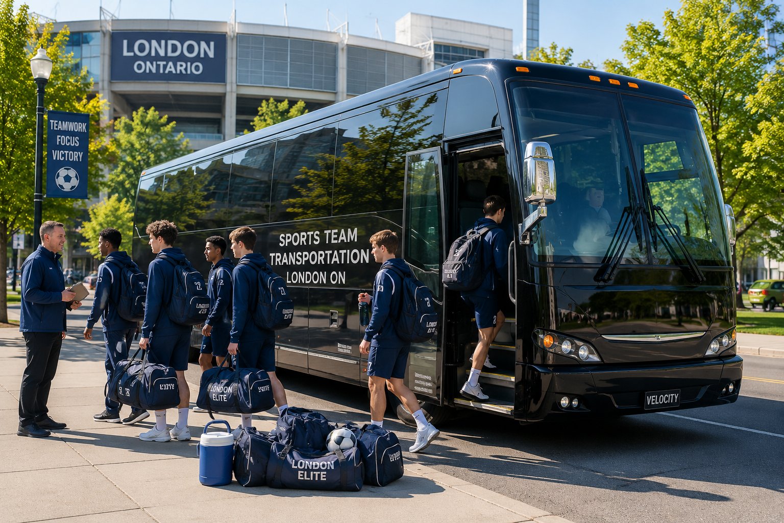 Sports team transportation London ON with athletes boarding a charter bus
