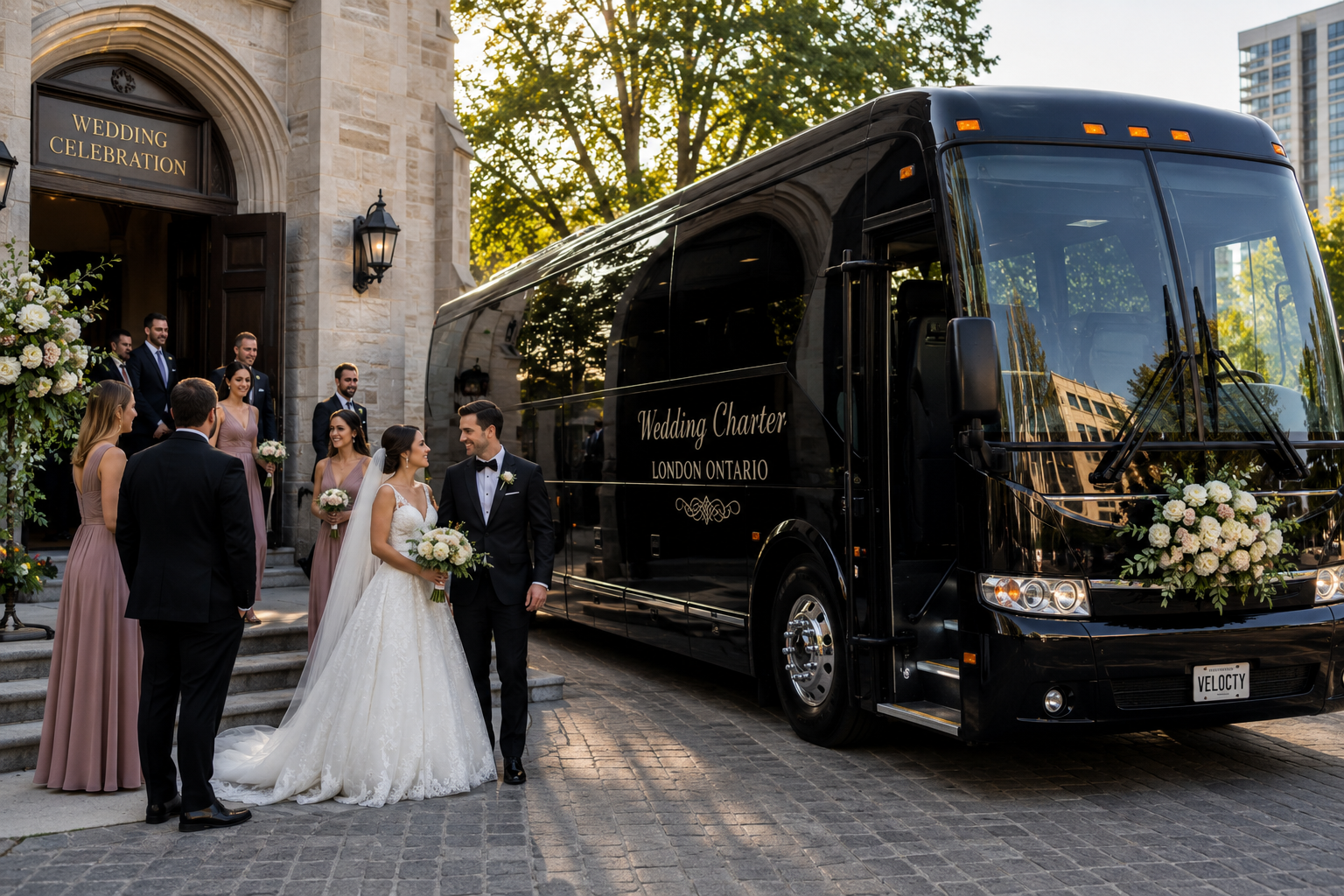 Wedding charter bus in London Ontario with bride and wedding guests