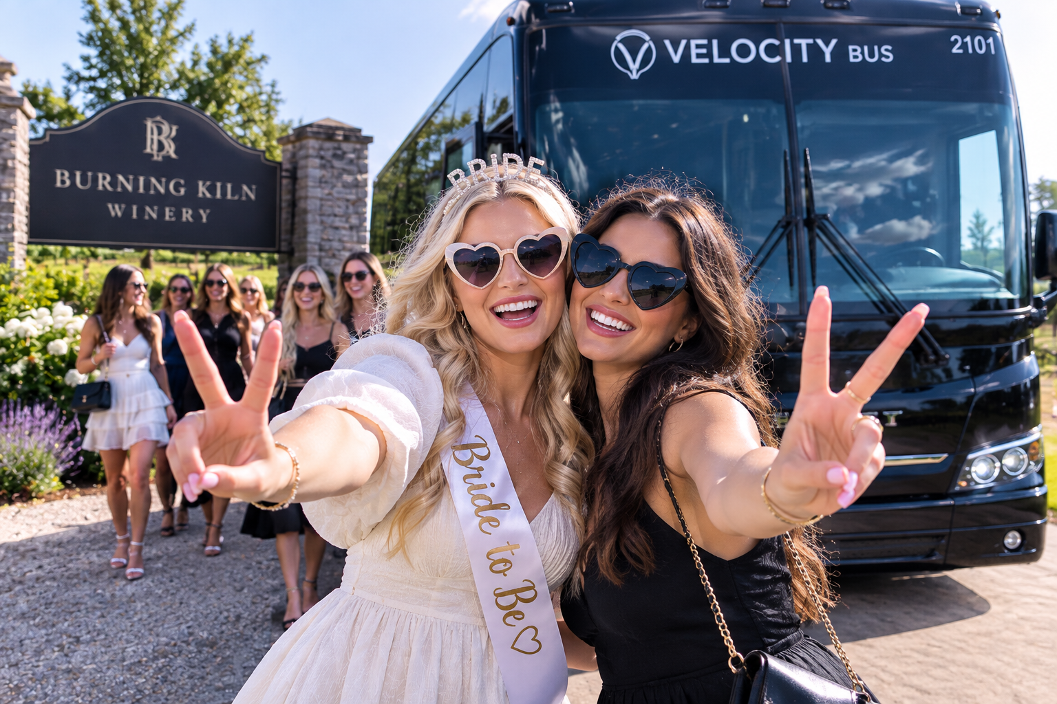 Couple enjoying a bachelorette winery tour in Ontario beside a private charter bus