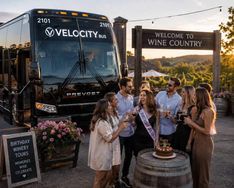 Birthday winery tours Ontario with clients celebrating beside a private Velocity Bus coach