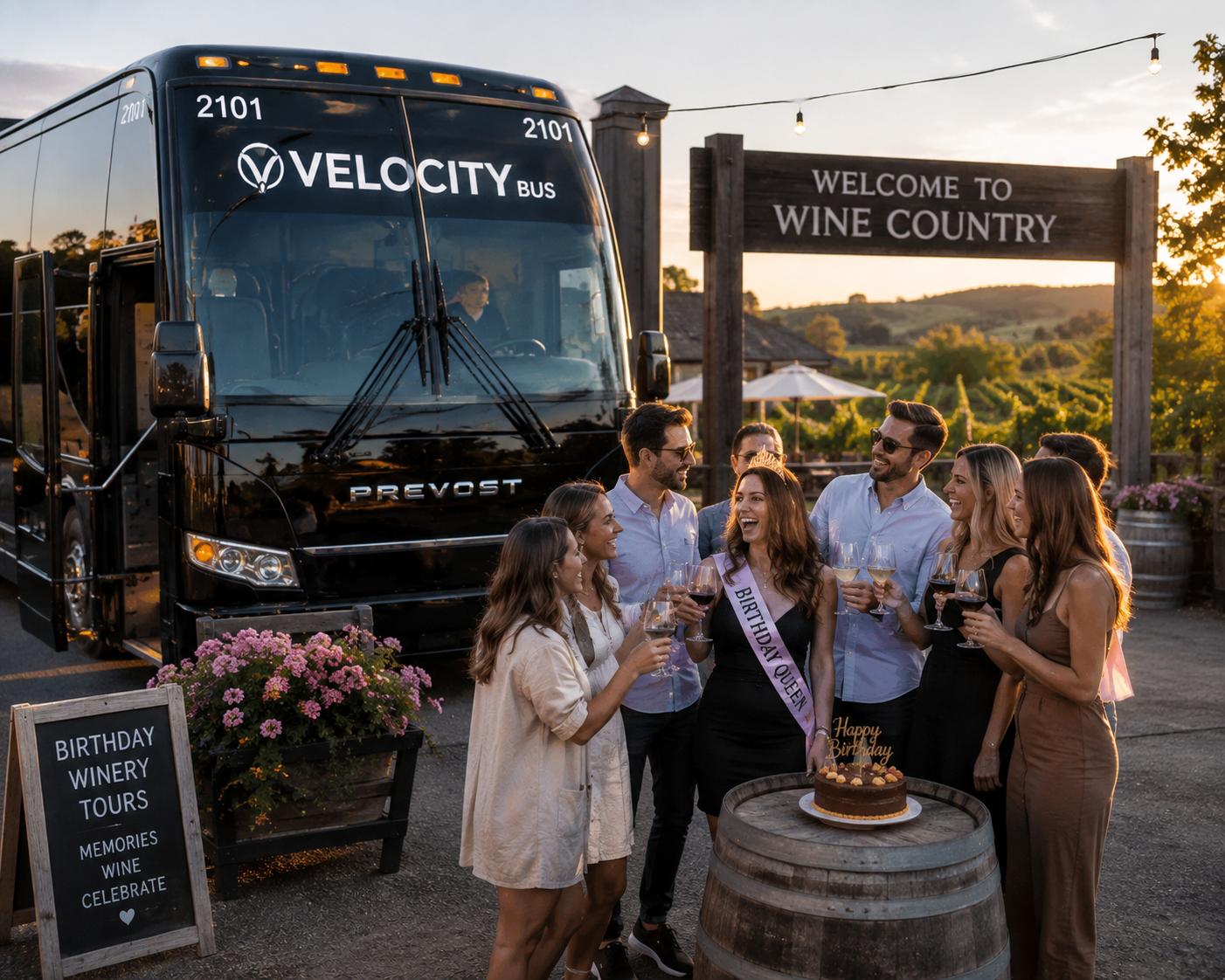 Birthday winery tours Ontario with clients celebrating beside a private Velocity Bus coach