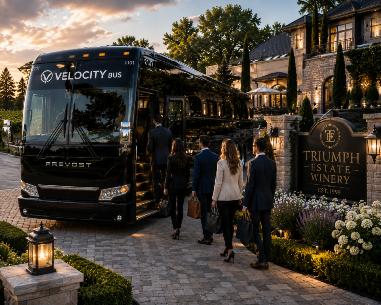Corporate winery tours Ontario with clients boarding a private charter bus