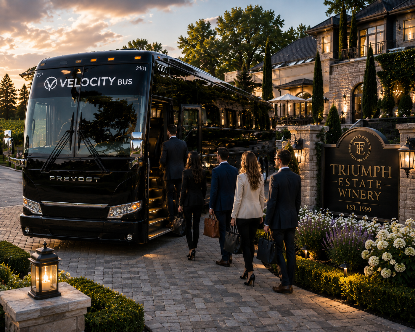 Corporate winery tours Ontario with clients boarding a private charter bus