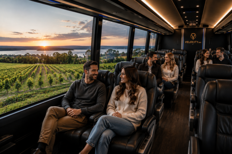 Couples enjoying romantic winery tours in Ontario inside a comfortable private charter bus