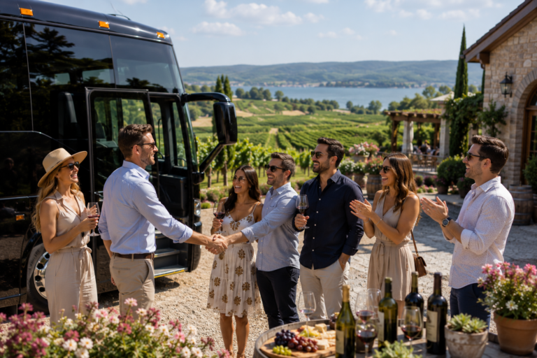 Clients enjoying wine tasting tours in Ontario beside a private charter bus