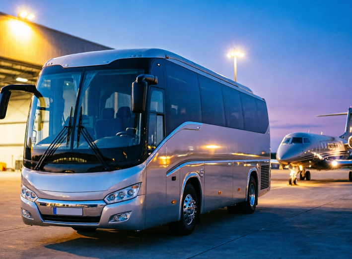 Luxury Coach Bus and Private Jet at Airport Transfer Service