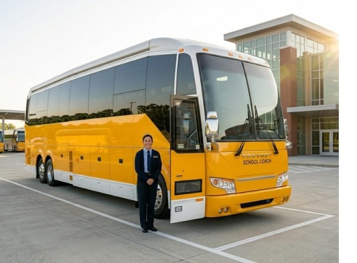 Yellow school coach bus parked outside a building with a professional driver standing in front.