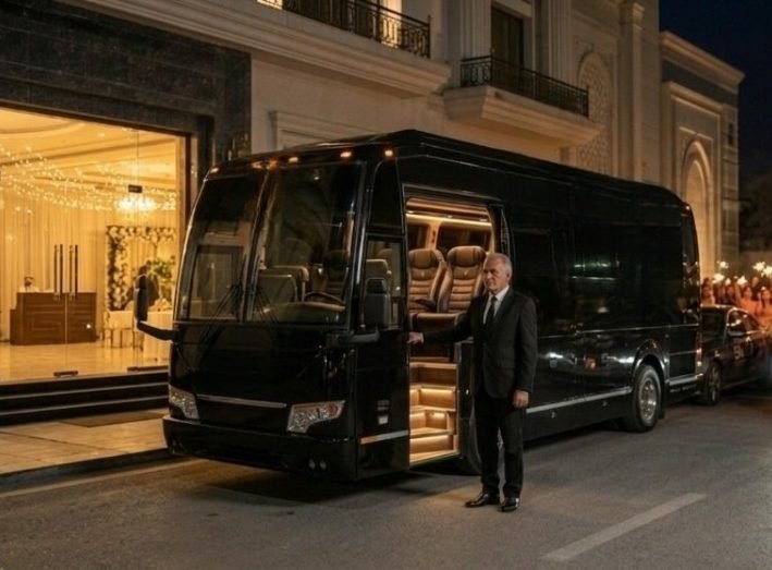 Black luxury coach bus with open door and chauffeur standing outside a hotel entrance at night.