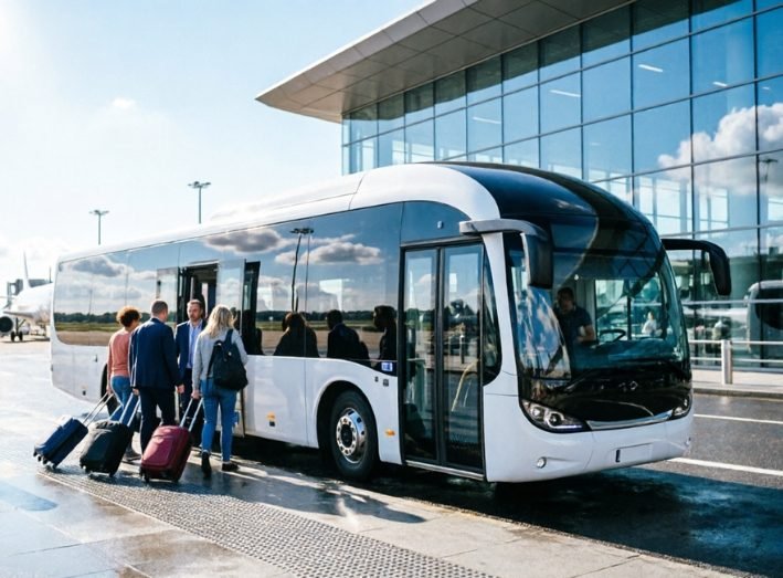 Passengers with luggage boarding a white coach bus outside an airport terminal.