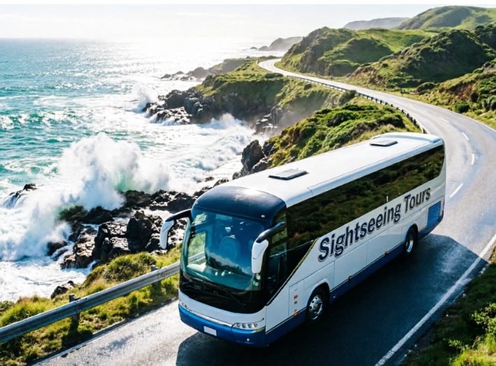 Sightseeing tour bus driving along a coastal road with ocean waves and cliffs.