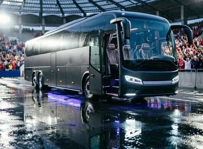 Black luxury coach bus parked in a stadium with crowd in background and wet reflective ground.